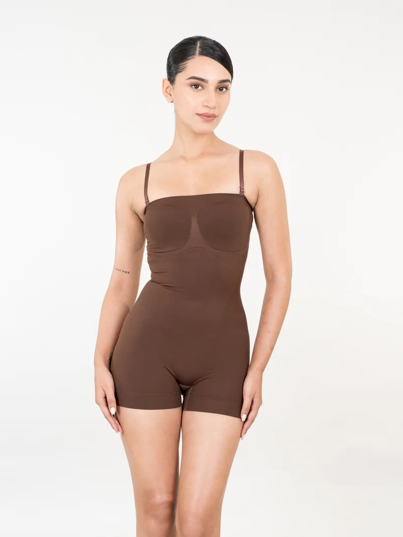 Shapercult Store Brown Strapless Mid Thigh Bodysuit for Women